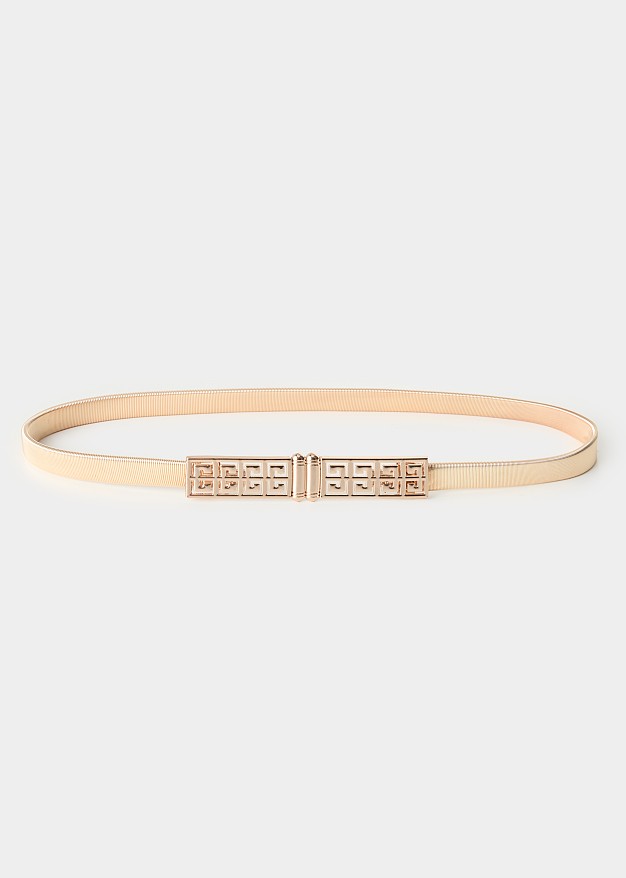 Metal, elastic belt in a gold finish with geometric details on the buckle
