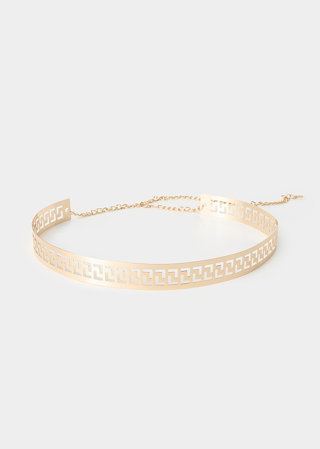 Gold-tone metallic belt with geometric design