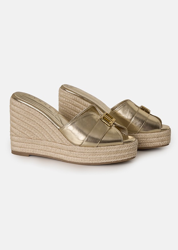 Metallic open-toe raffia mules