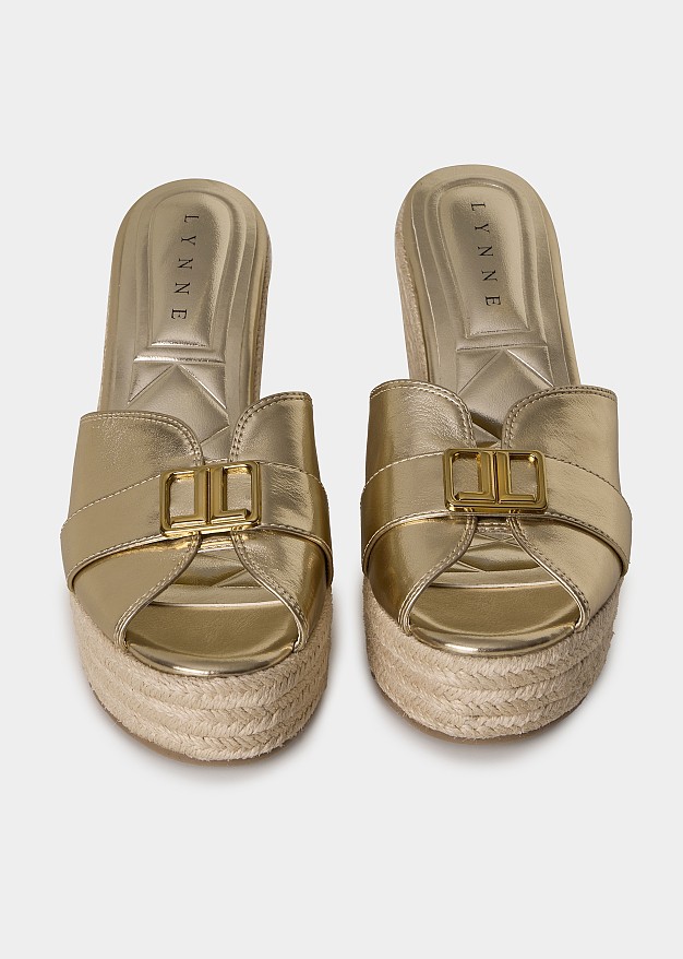 Metallic open-toe raffia mules