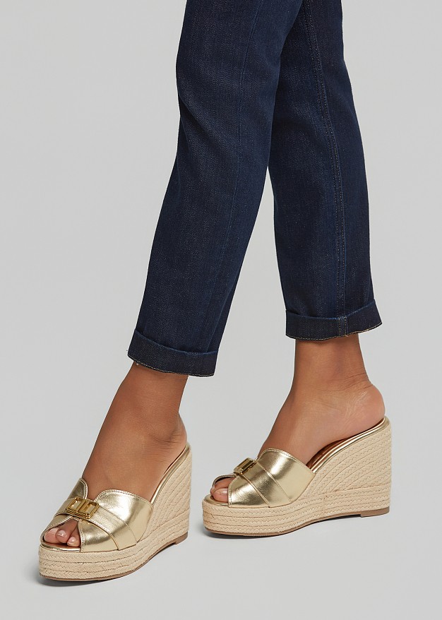 Metallic open-toe raffia mules
