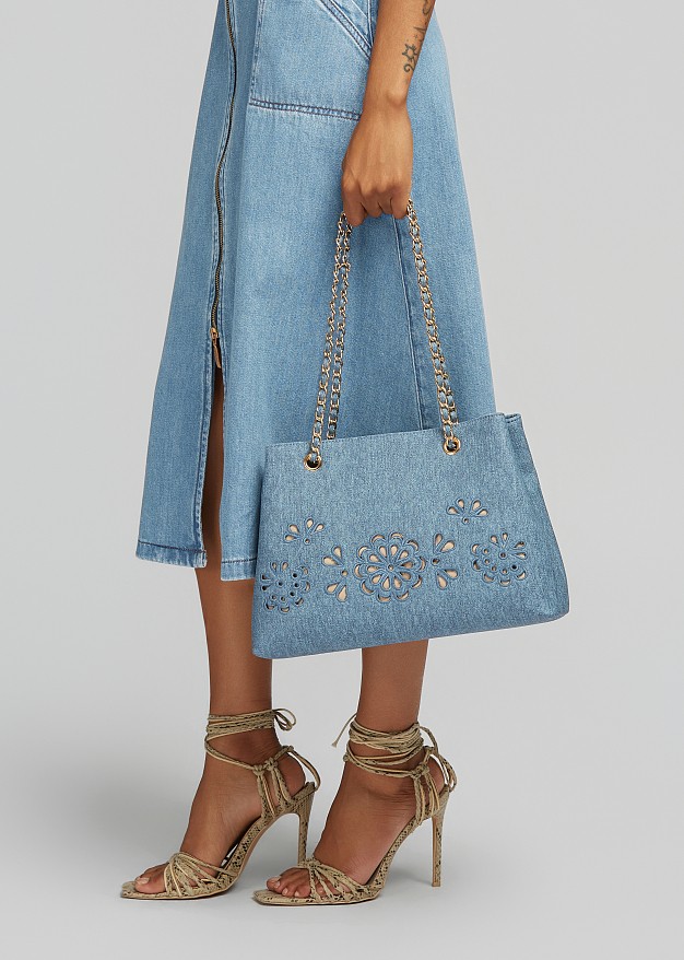 Denim tote bag with broderie detail