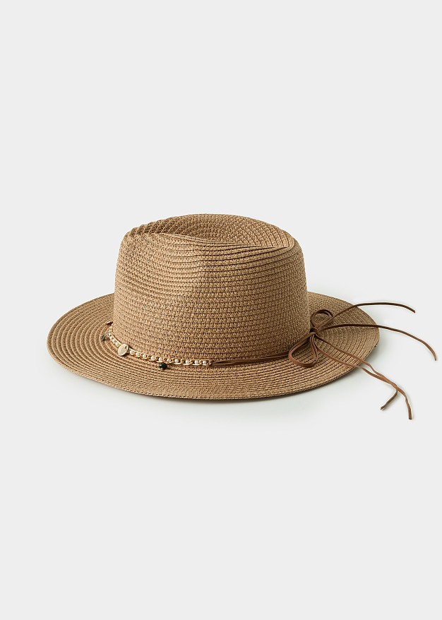Straw hat with decorative chain