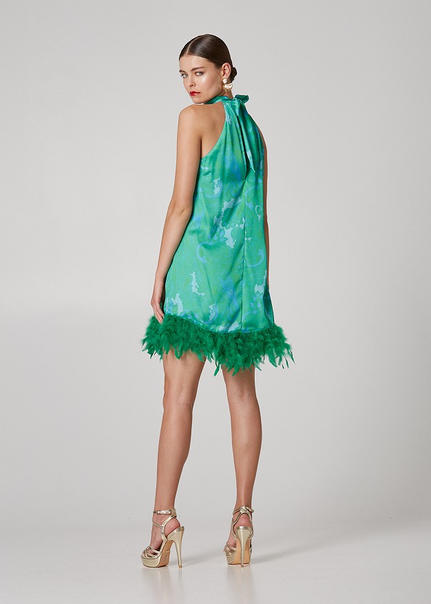 Mini dress with satin look and decorative feathers
