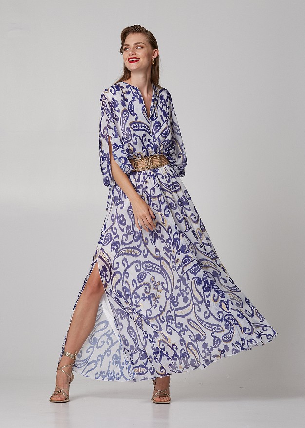 Maxi dress with paisley print and lurex details