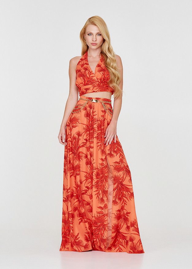 Maxi skirt in tropical print with slip and pockets