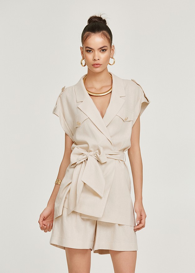 Linen look sleeveless longline blazer