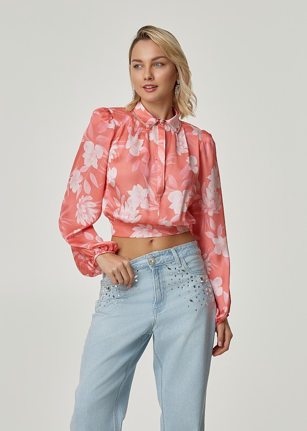 Printed blouse in satin look with rhinestones