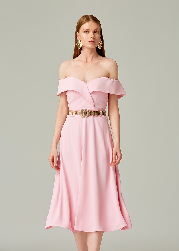 Off shoulder crepe dress with side pockets