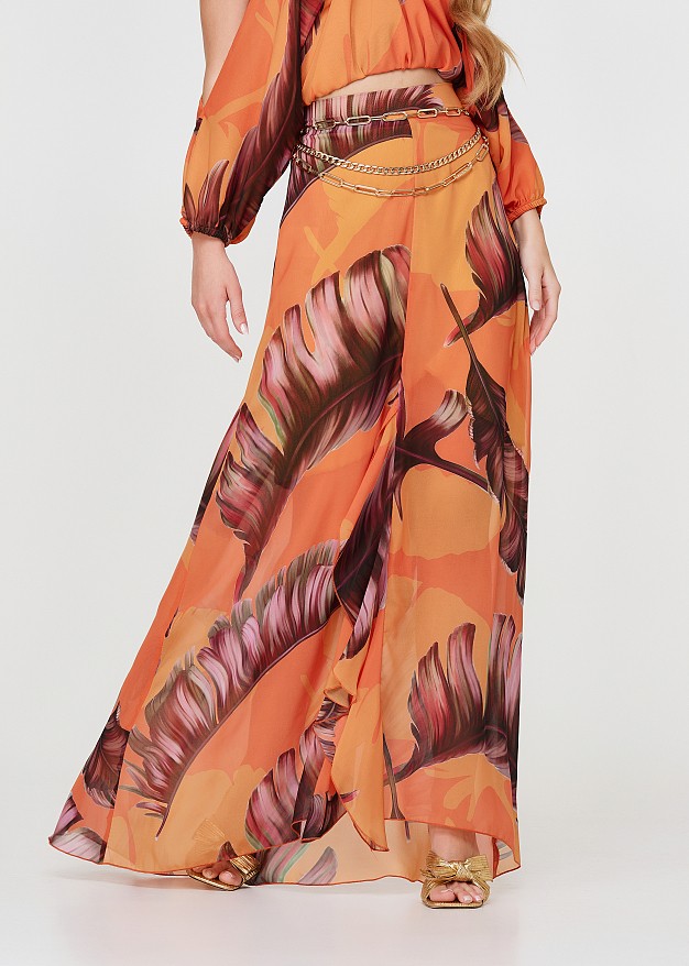 Tropical printed maxi skirt with frills