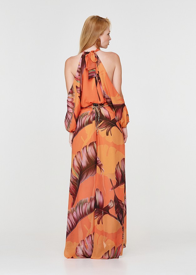 Tropical printed maxi skirt with frills