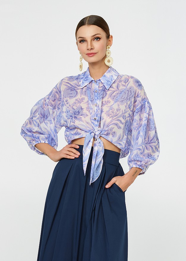 Cropped printed shirt with tie