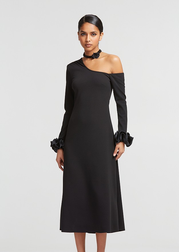 Midi one shoulder dress with ruffles on the sleeves