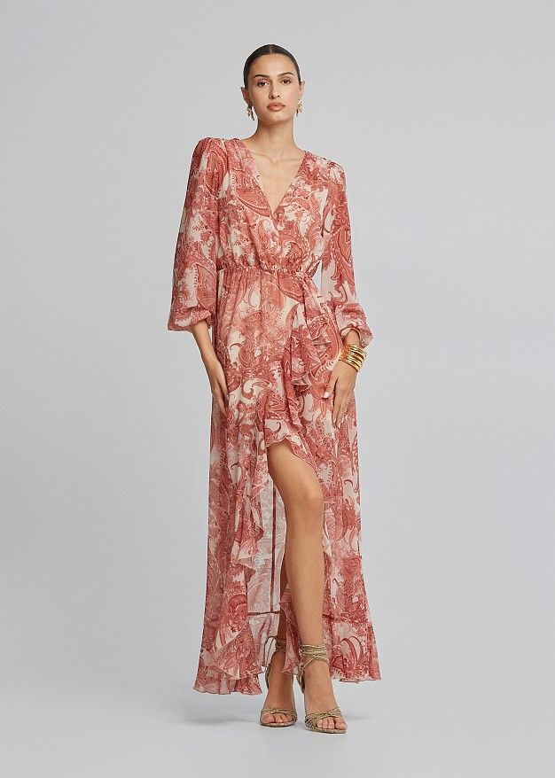 Maxi paisleys printed dress in ruffles
