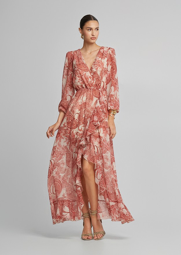Maxi paisleys printed dress in ruffles