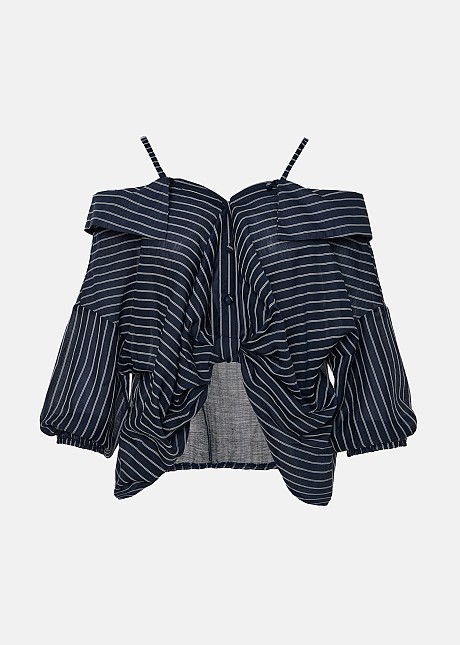Off-shoulder striped blouse-shirt with asymmetric details