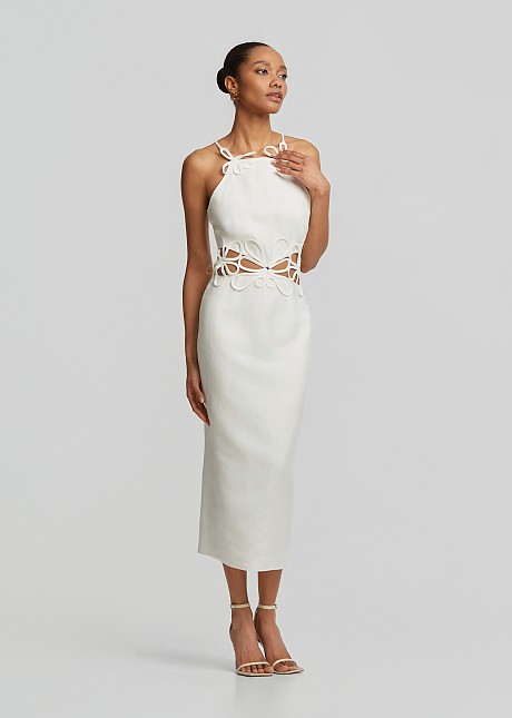 Linen midi pencil dress with embossed lace | LYNNE