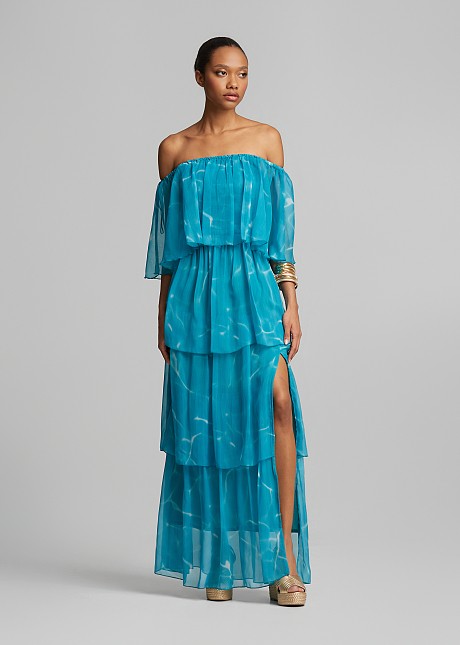 light blue flowy dress long sleeve Baltic Born Womens Layla Tulle Maxi Dress | Light Blue Floral