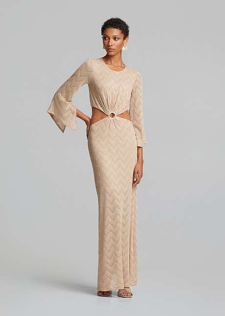 Maxi lurex knit dress with bell sleeves and cut-out | LYNNE