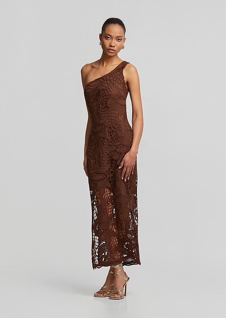 open lace back dress Modern Black Lace One-Shoulder Prom Party Gowns| Front Split Evening Gown