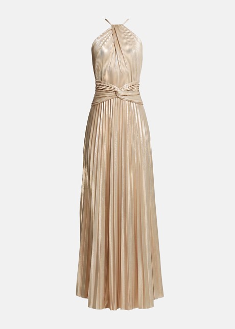 Metallic pleated maxi dress with a halter-neck tie | LYNNE