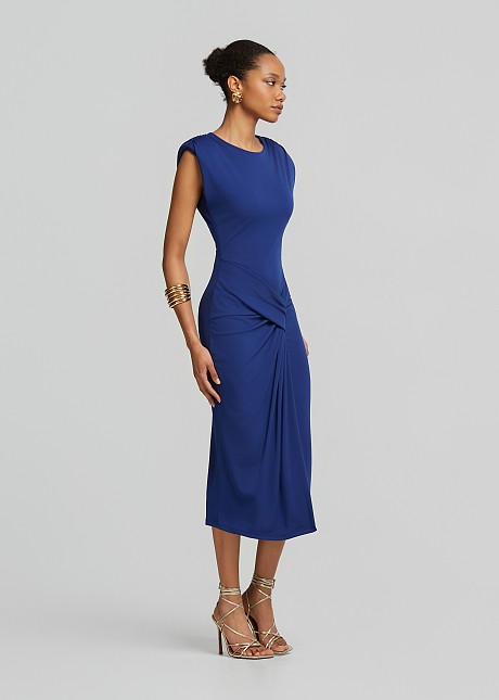 Midi dress with a side tie and structured shoulders | LYNNE