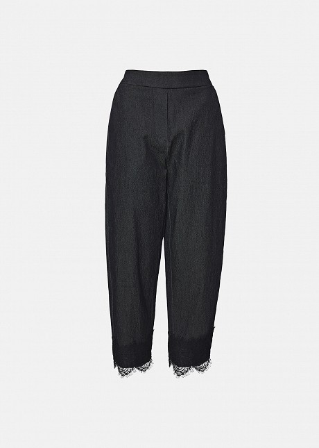 Trousers in soft denim and decorative lace hem