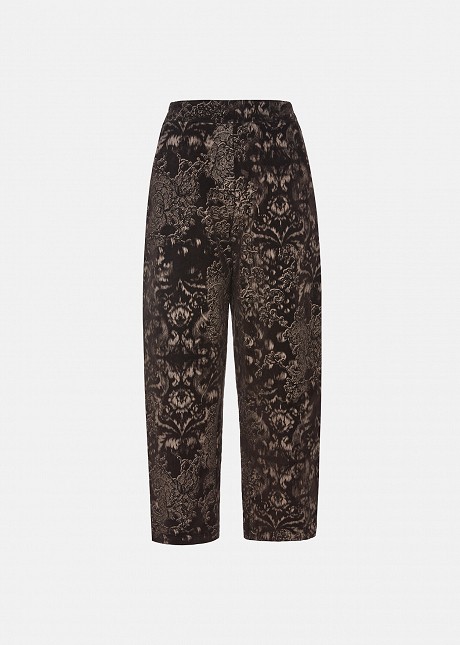 Printed velvet-effect brocade barrel-leg trousers