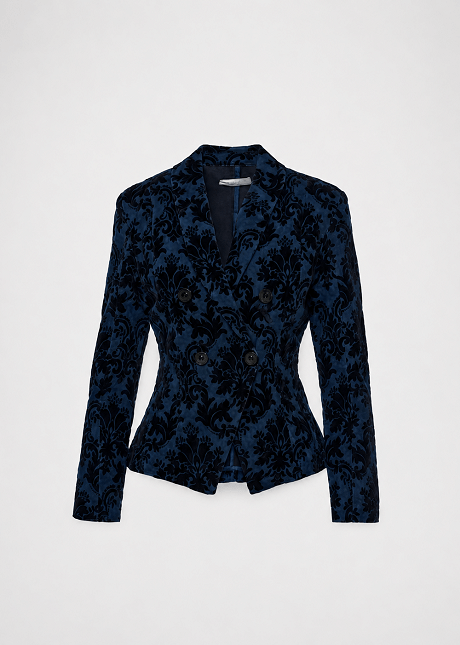 Fitted denim jacket in velvet paisley print