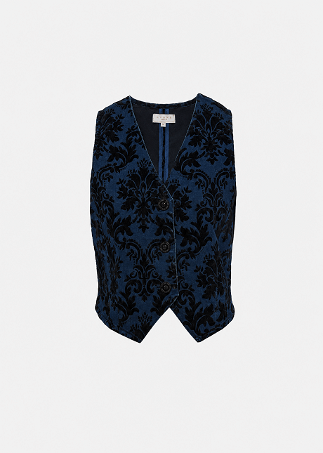 Denim vest with embossed velvet paisley print