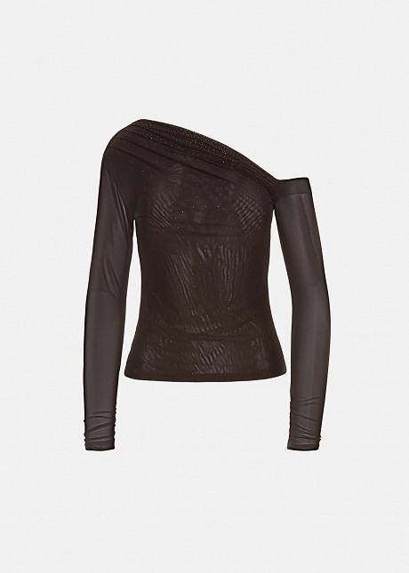 Asymmetric sheer top with rhinestones