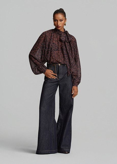 Oversized sheer leopard-print top with a tie-neck