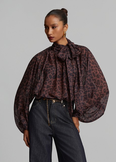 Oversized sheer leopard-print top with a tie-neck