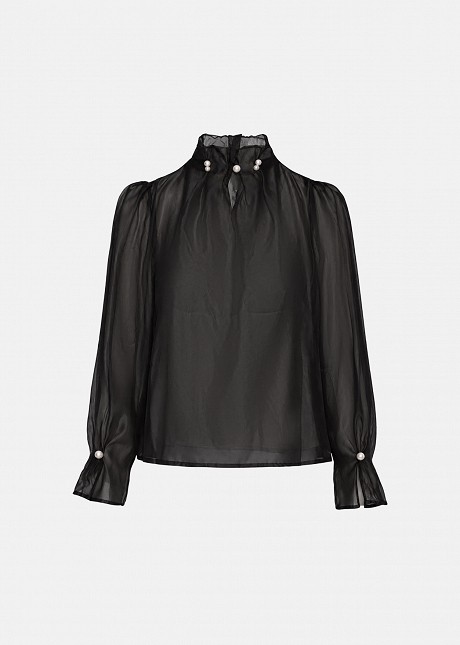 High-neck blouse with an internal lace lining