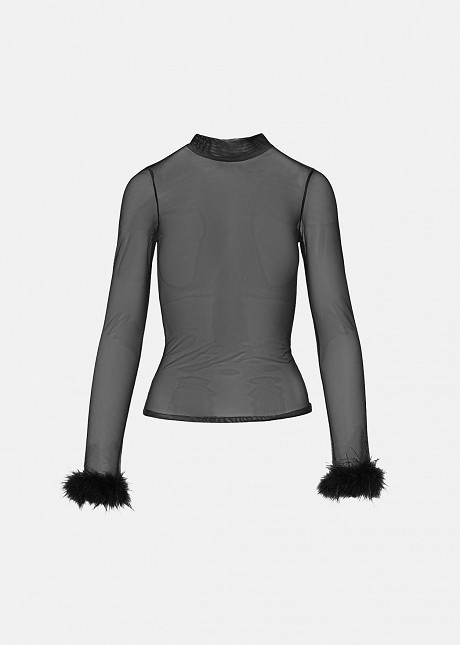 Sheer top with decorative feathers