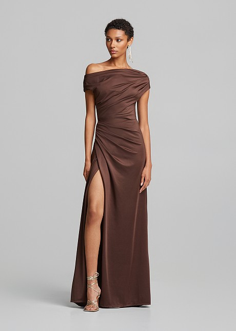 Off-shoulder dress in satin finish and cowl neck