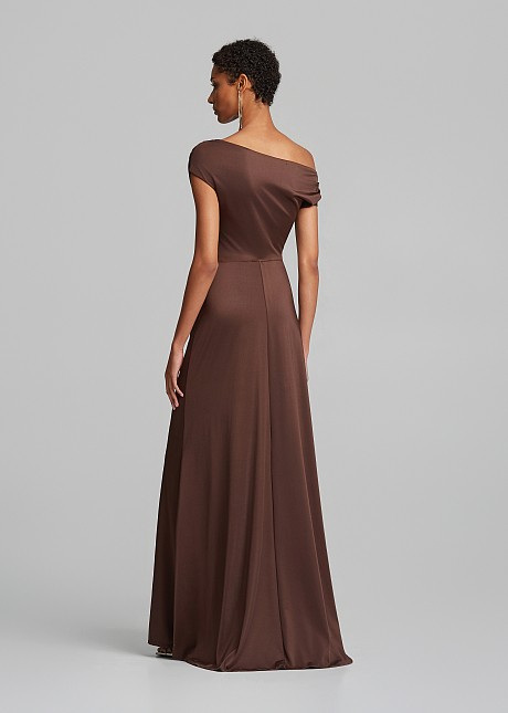 Off-shoulder dress in satin finish and cowl neck