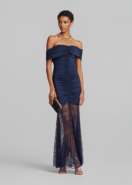 Maxi off-shoulder dress with ruching and lace | LYNNE