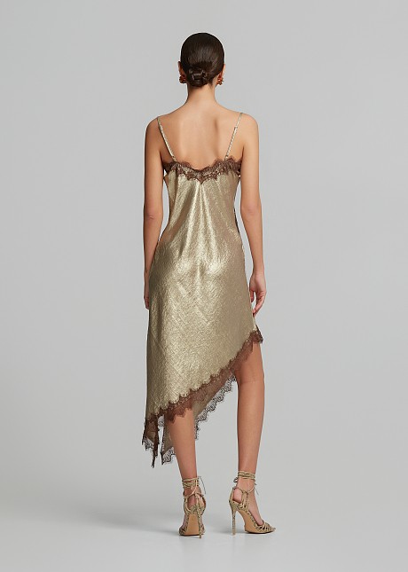 Midi foil asymmetric dress with lace | LYNNE