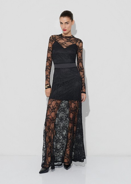 Maxi, flared, long-sleeved lace dress