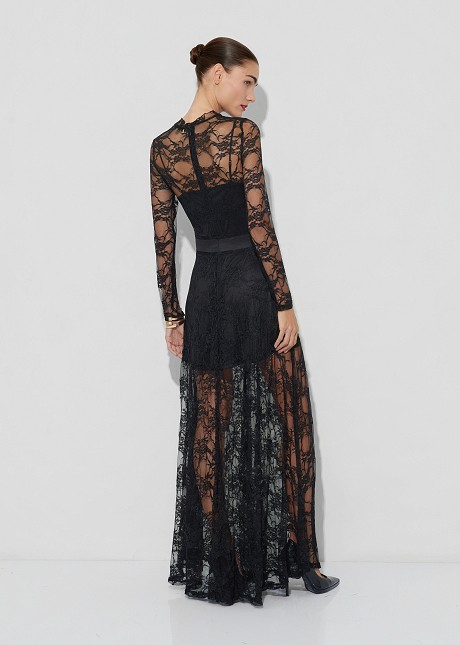 Maxi, flared, long-sleeved lace dress