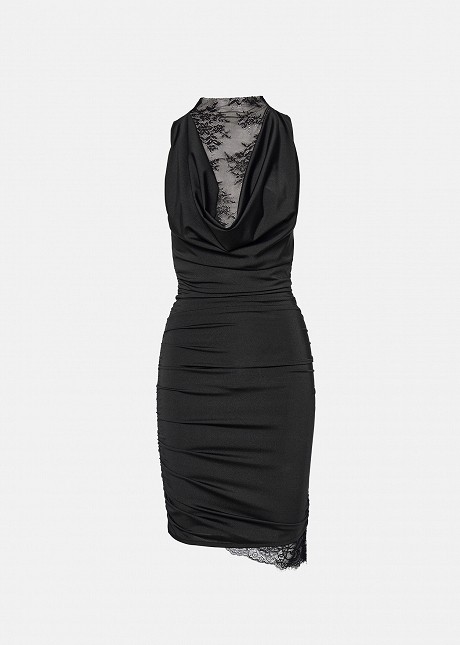 Mini dress in satin look and high-neck lace layer