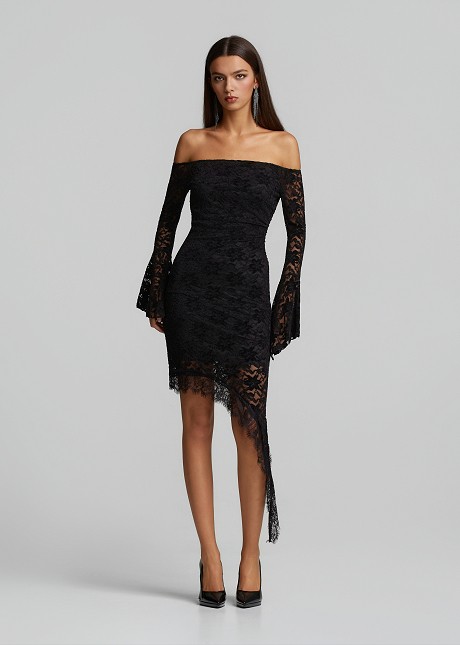 Off-the-shoulder, asymmetric mini dress in chenille lace