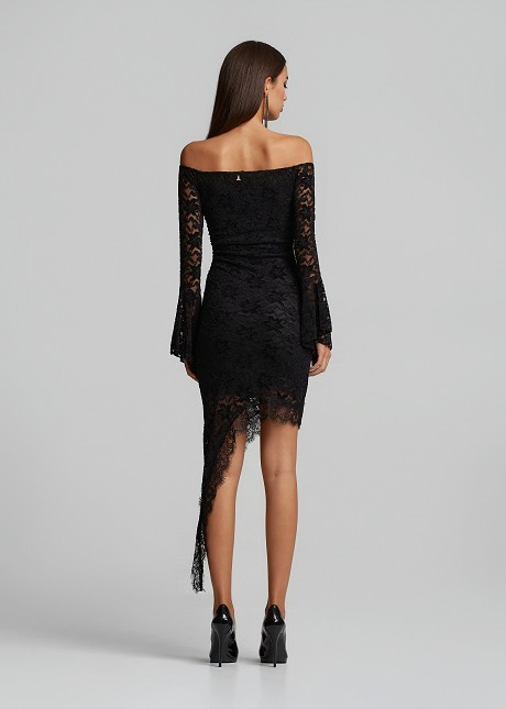 Off-the-shoulder, asymmetric mini dress in chenille lace