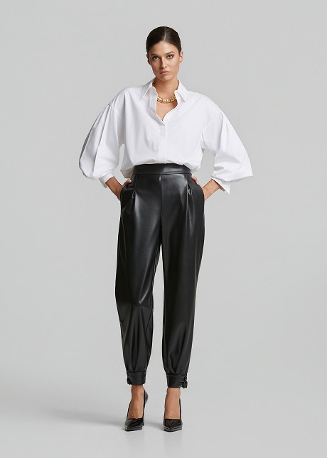 High-waisted faux-leather harem trousers