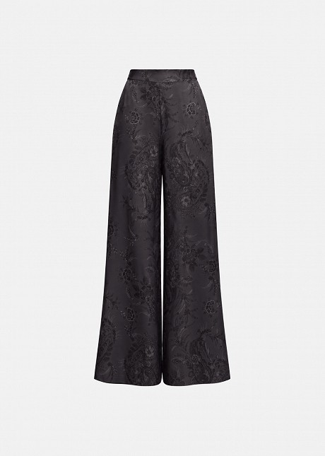 Printed trousers in satin-look finish