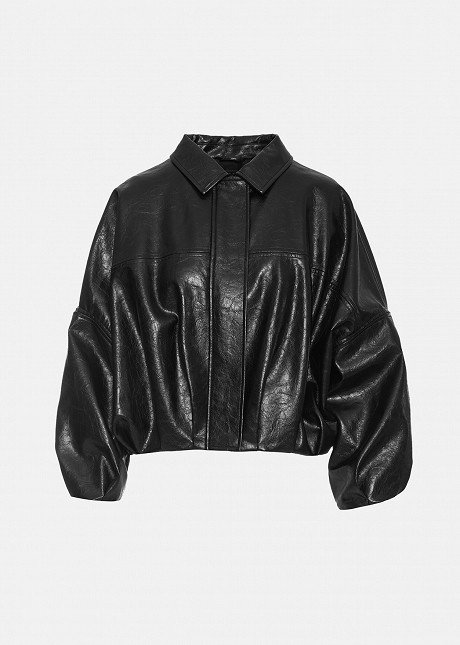 Ruched faux-leather bomber jacket