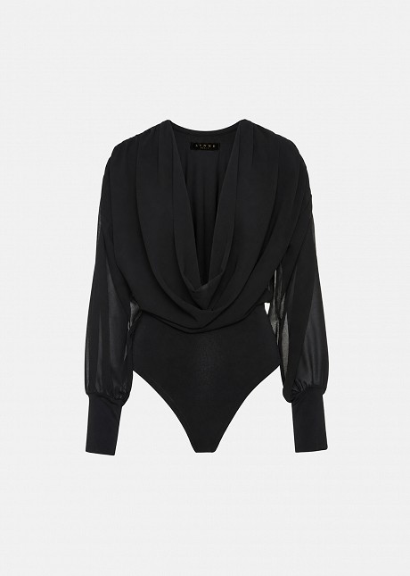 Sheer bodysuit with a draped, deep front neckline