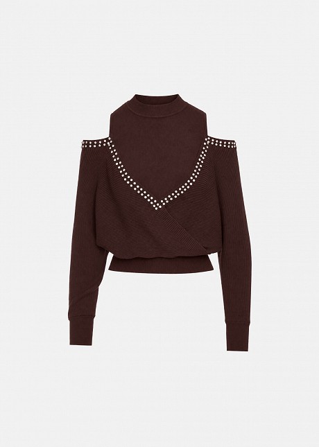Off-the-shoulder sweater with decorative crystals