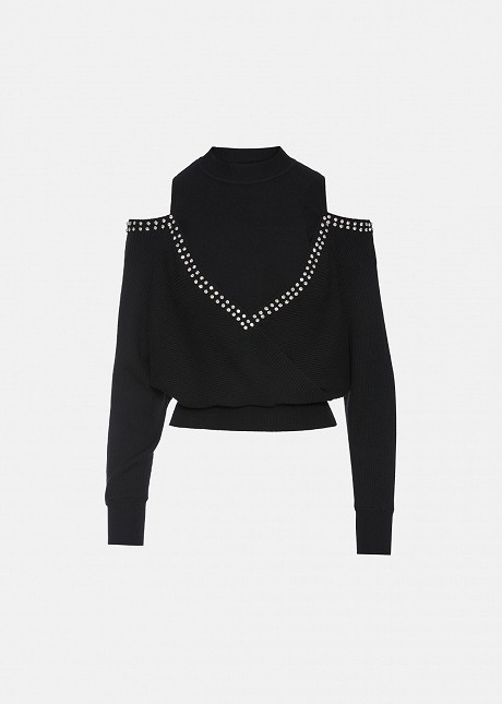 Off-the-shoulder sweater with decorative crystals